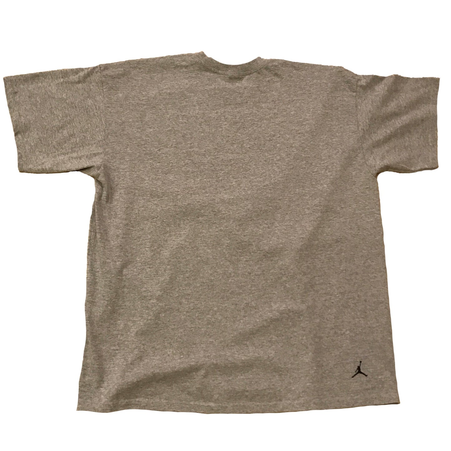 Gray t-shirt with a small logo on the back against a white background