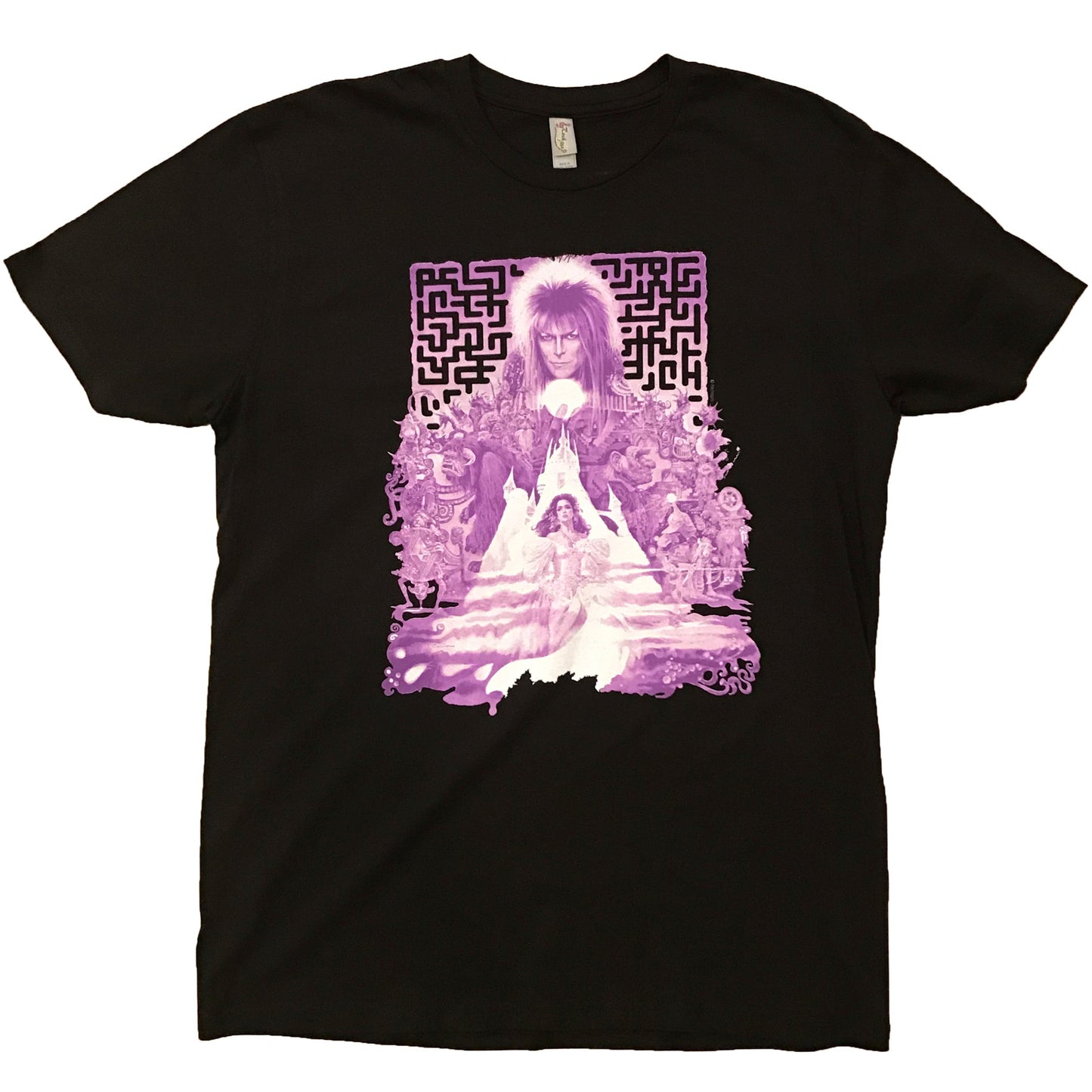 A black t-shirt with a printed design featuring a figure seated in a chair with a puzzle-like pattern in the background, and the text 'LABYRINTH MOVIE' at the top.