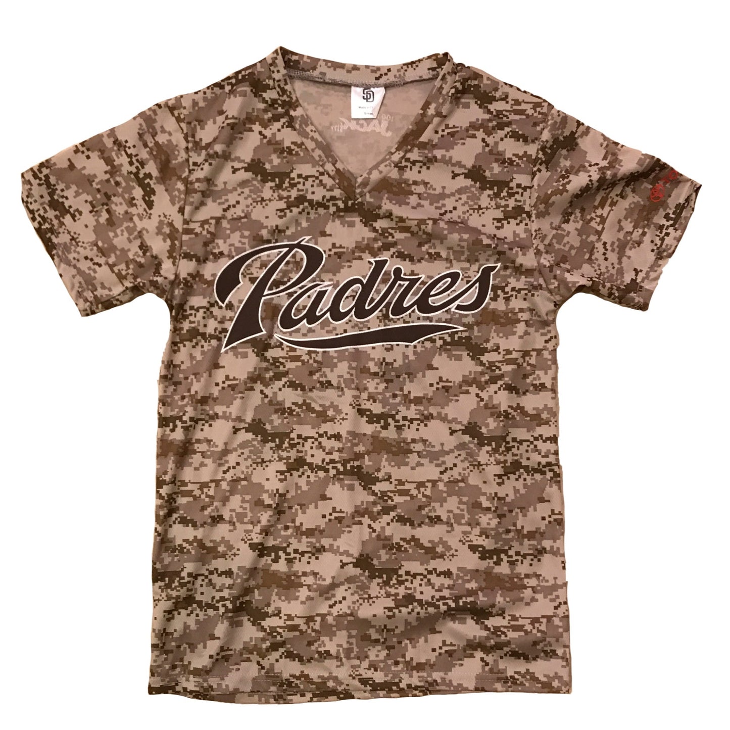 Camouflage t-shirt with 'Padres' logo on a white background