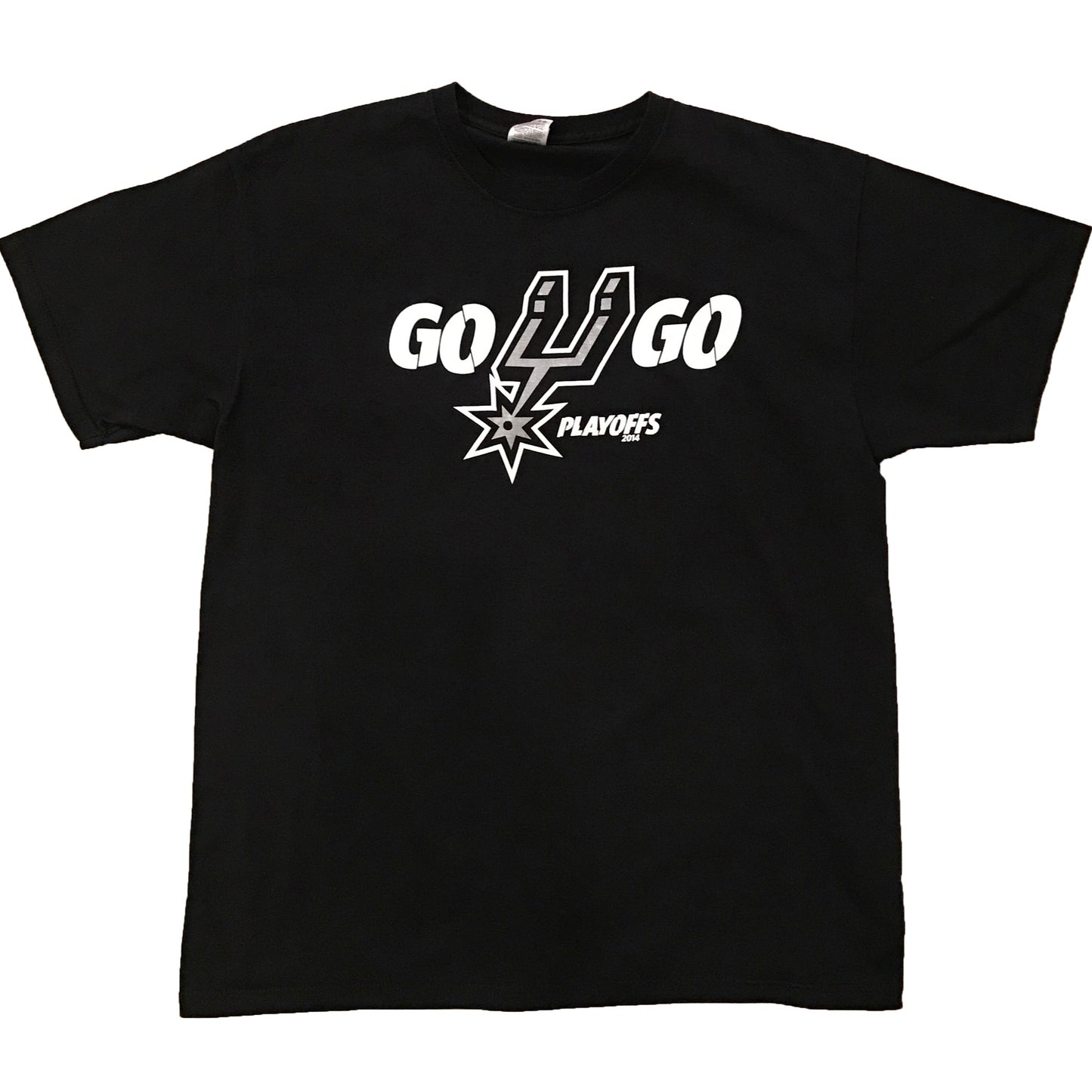 Black t-shirt with 'GO SPURS' text and a star logo on the front.