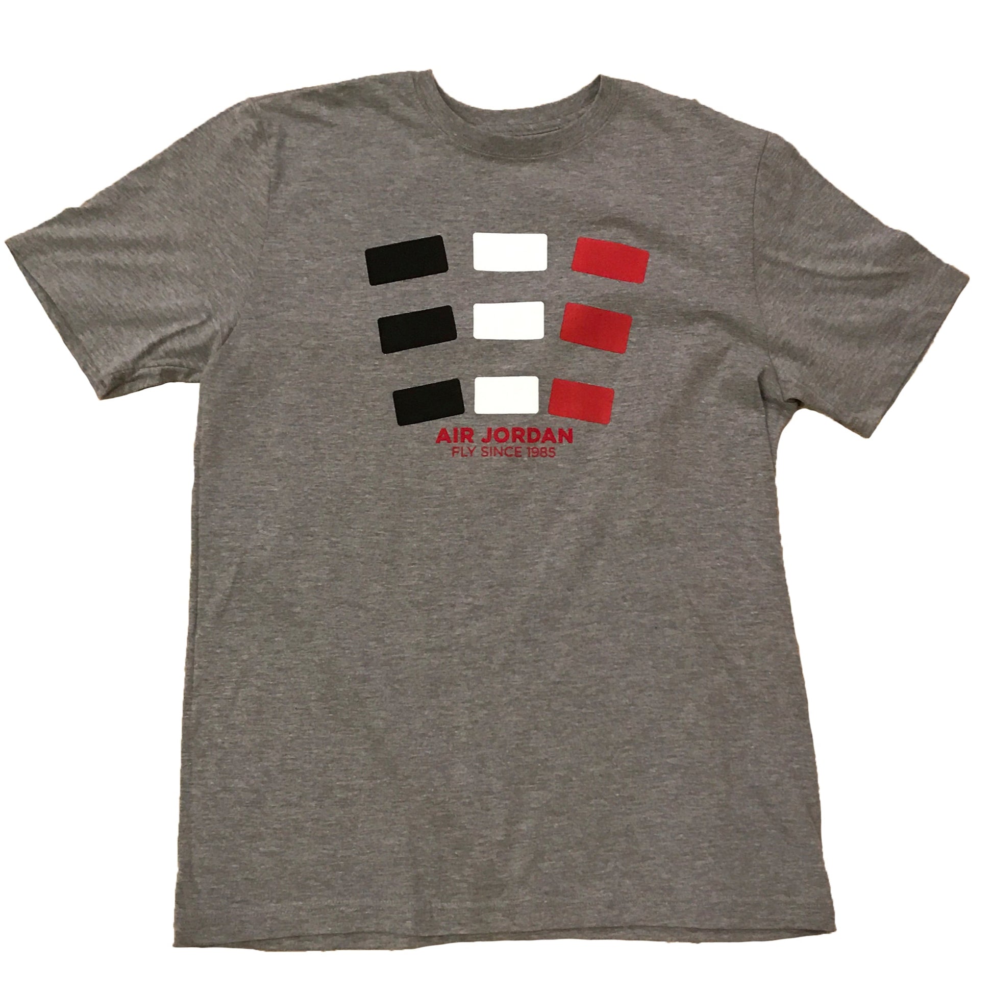 A gray Air Jordan brand t-shirt with the brand's logo in black and red on the front.