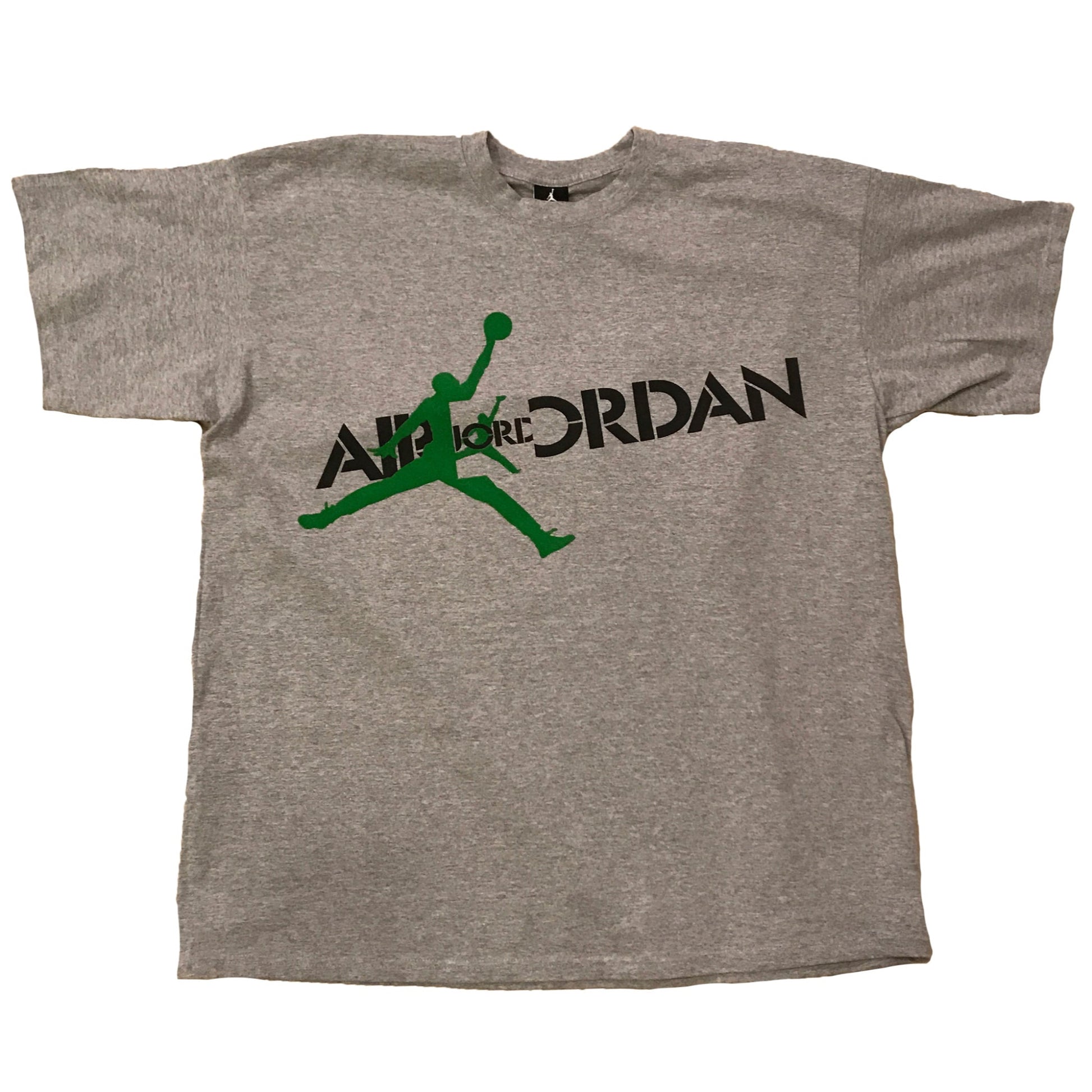 Gray t-shirt with green and black 'Air Jordan' logo on a white background