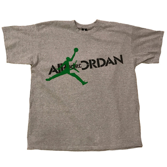 Gray t-shirt with green and black 'Air Jordan' logo on a white background