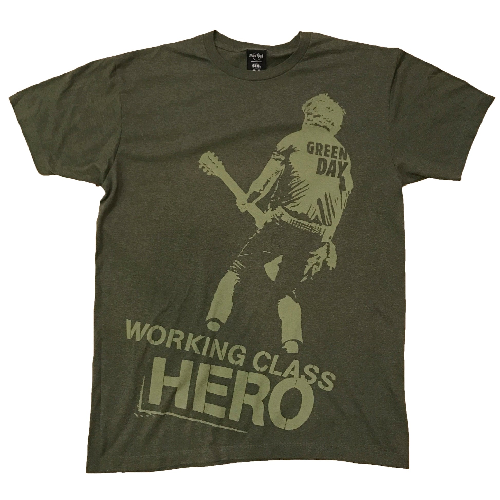 Green t-shirt with 'GREEN DAY WORKING CLASS HERO' text and a graphic of a person playing a guitar on it.
