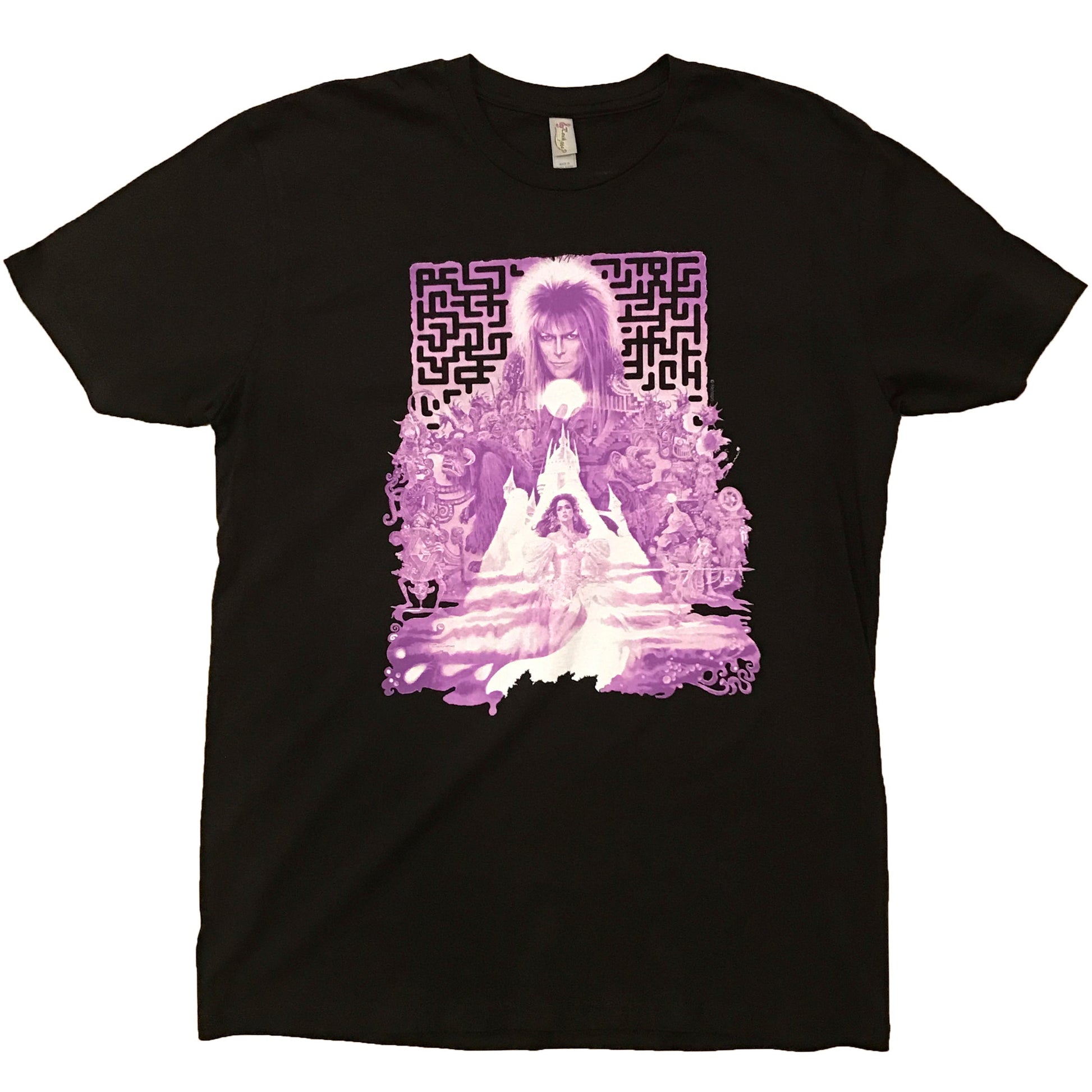 A black t-shirt with a printed design featuring a figure seated in a chair with a puzzle-like pattern in the background, and the text 'LABYRINTH MOVIE' at the top.