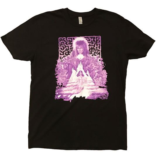 A black t-shirt with a printed design featuring a figure seated in a chair with a puzzle-like pattern in the background, and the text 'LABYRINTH MOVIE' at the top.