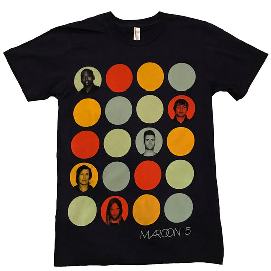 A navy-colored t-shirt with a design featuring five round portraits of different individuals, each in a different shade of color.