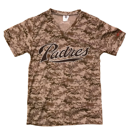 Camouflage t-shirt with 'Padres' logo on a white background