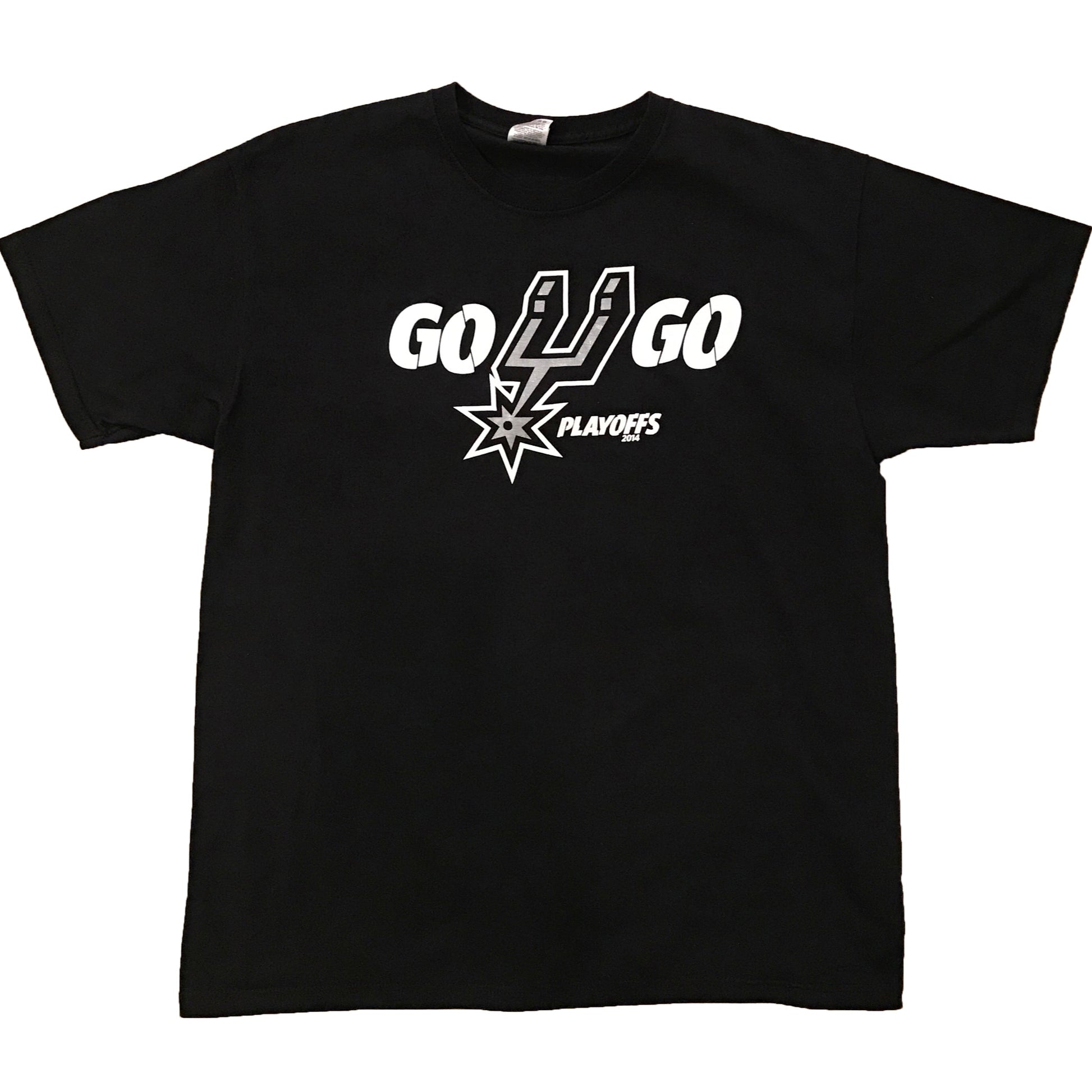 Black t-shirt with 'GO SPURS' text and a star logo on the front.