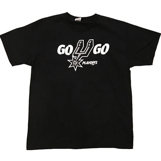 Black t-shirt with 'GO SPURS' text and a star logo on the front.