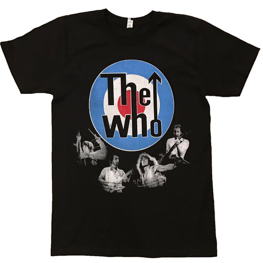 A black t-shirt with a graphic of The Who band members and the band's logo.